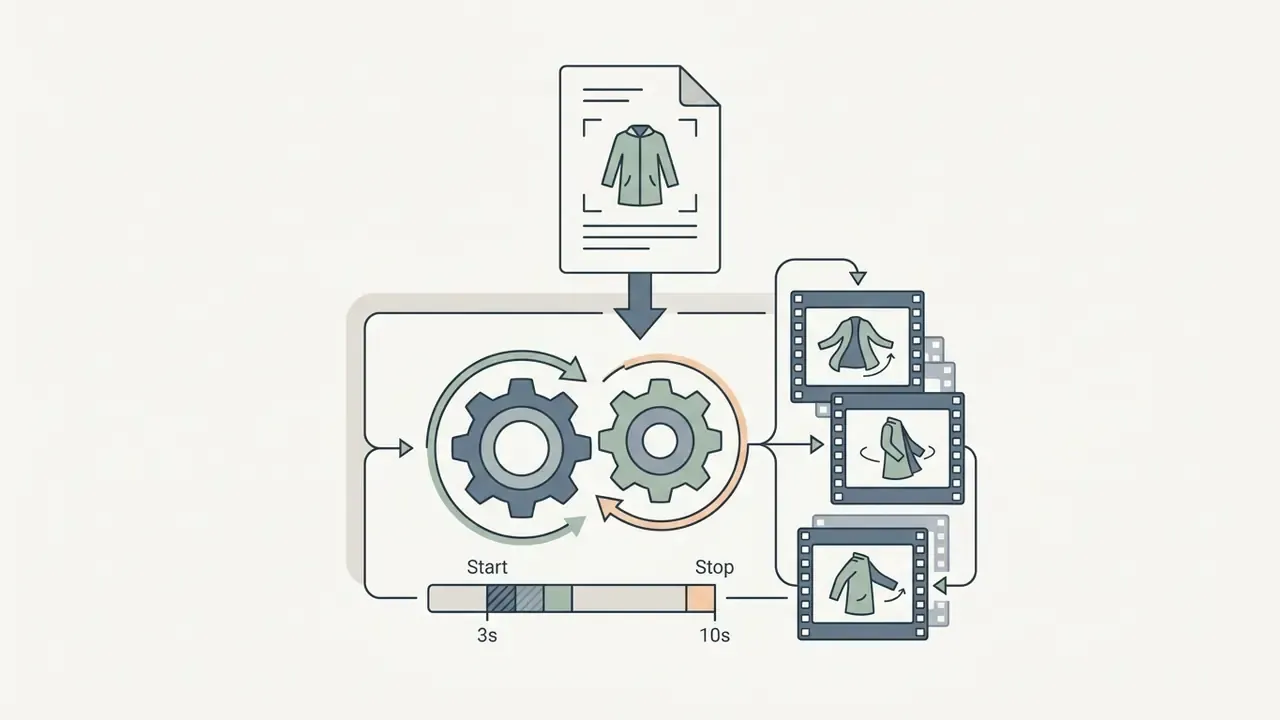 Static garment render processed through mechanical gears into short motion video clips