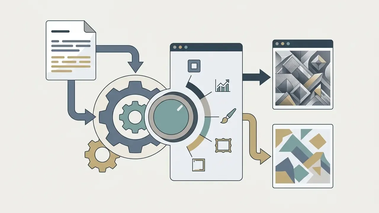 Document icon feeding into a gear mechanism and interface with design tools to produce two abstract images