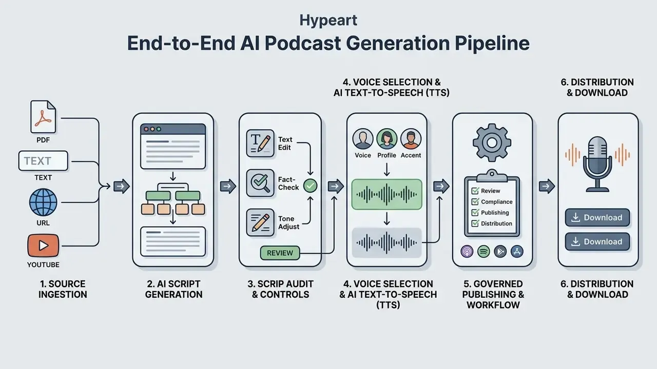 Six-stage workflow diagram showing the end-to-end process to create a podcast with AI