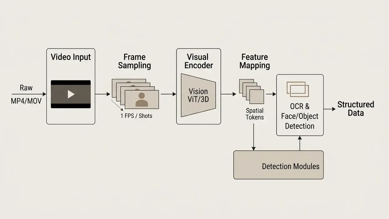 Step-by-step technical workflow showing how AI that can analyze videos transforms raw files into data
