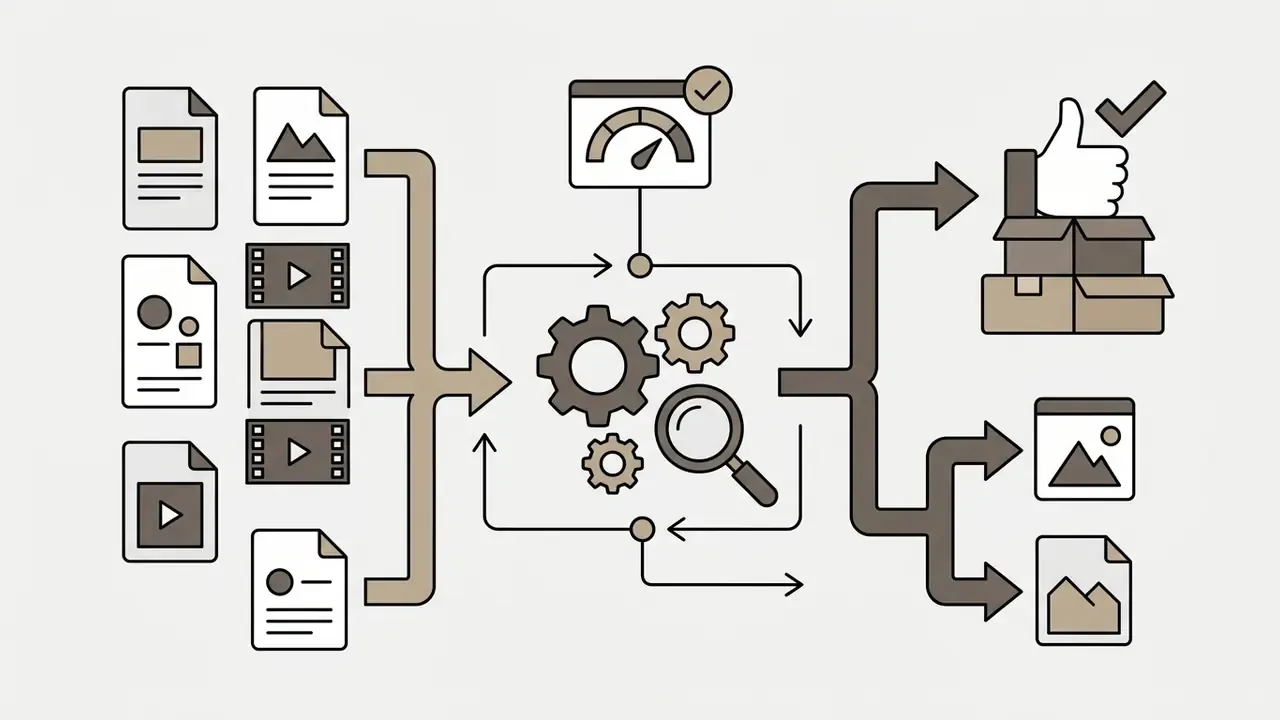 Multiple file types flowing into a central processing engine with gears and a magnifying glass for output