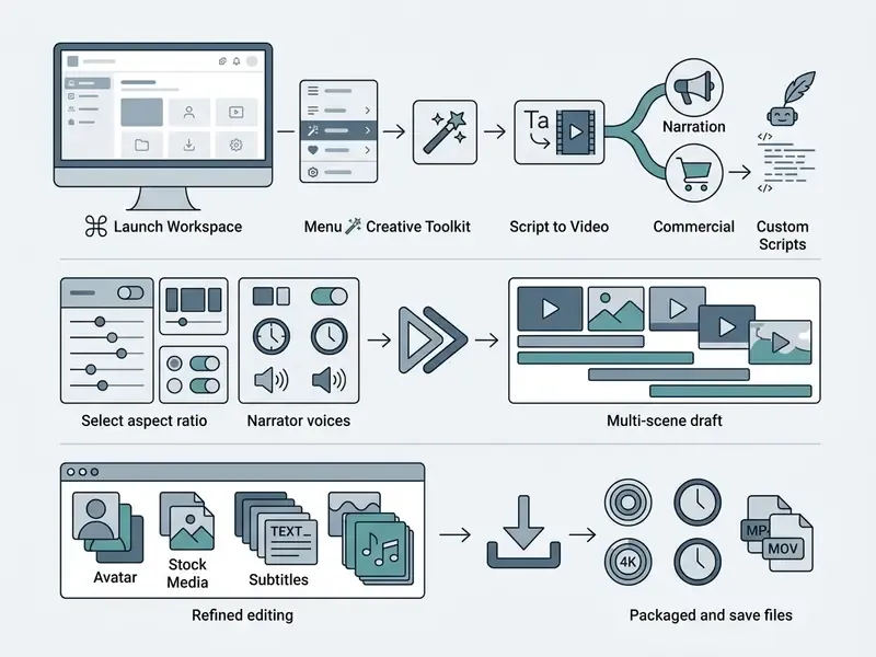 Step-by-step visual guide for the CapCut AI video generator from workspace launch to final file export