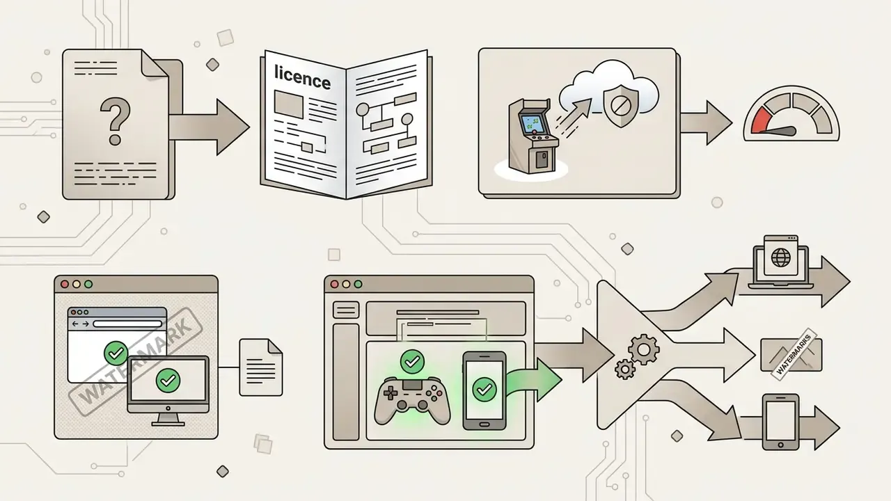 Sequence of icons showing document review, license checks, and publishing paths for digital game releases