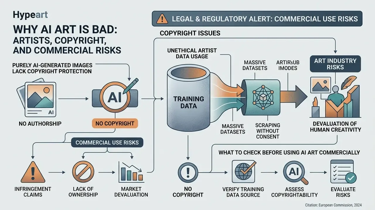 Infographic outlining legal risks of AI art including copyright issues and commercial evaluation steps