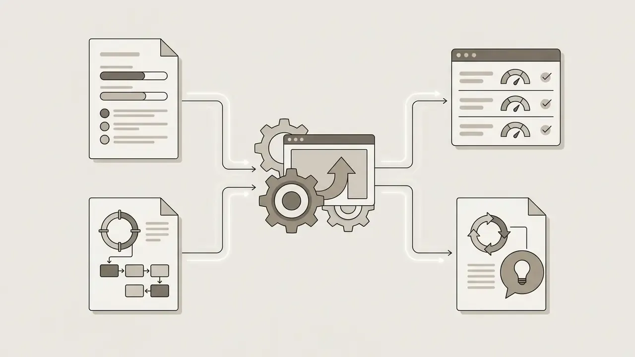 Documents feeding into a mechanical processor that outputs performance metrics and reflection tasks