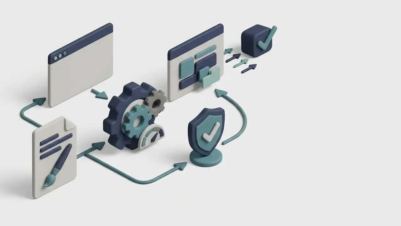 3D isometric icons of a document, gears, and a shield connected by arrows on a light background