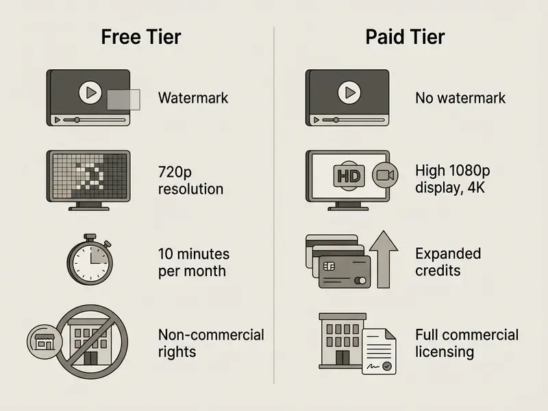 Comparison chart showing feature differences between free and paid tiers of a faceless AI video generator