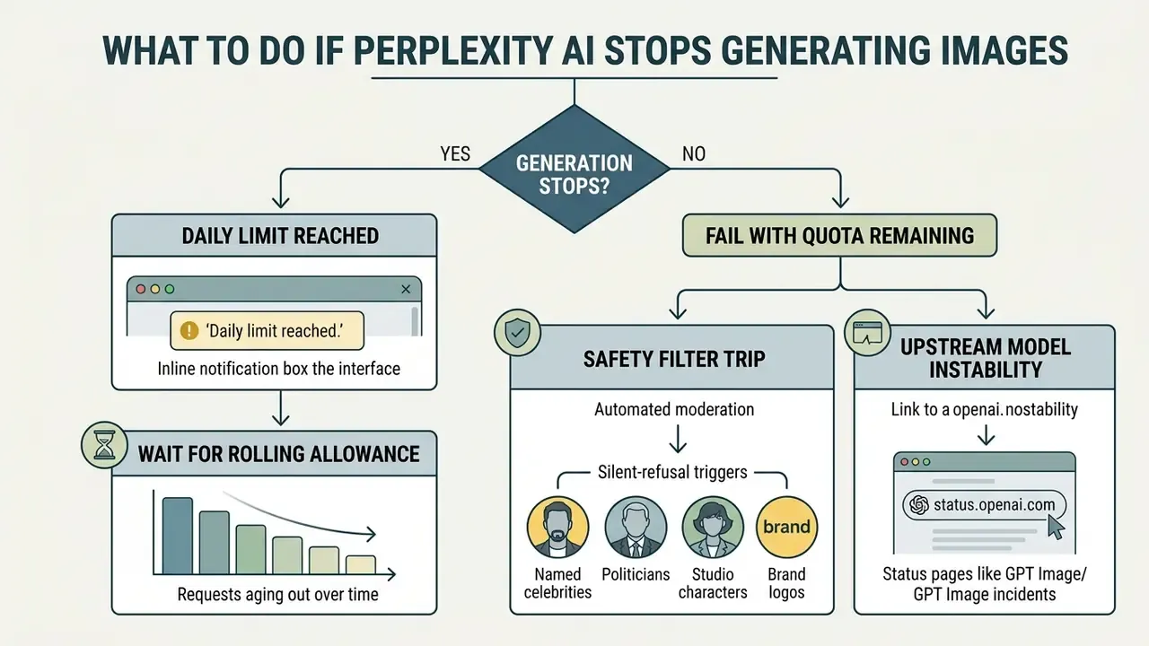 Decision tree outlining troubleshooting steps for when Perplexity AI stops generating images