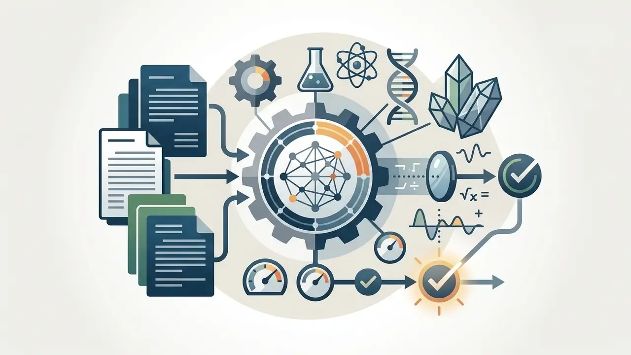 Documents feeding into a gear-based AI processor that validates academic data with scientific symbols