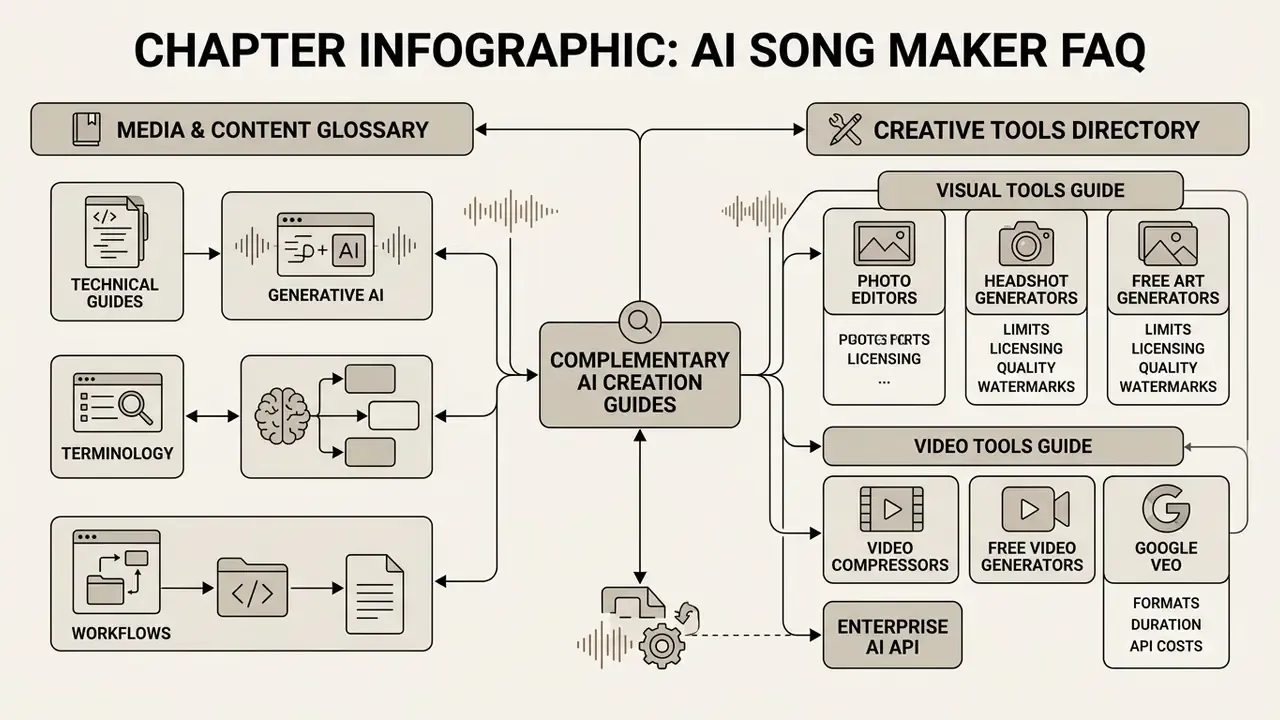 Diagram connecting media glossary and creative tools directory through central AI creation guides