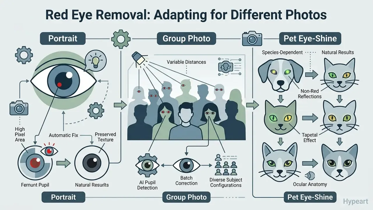 Diagram comparing correction techniques for portrait, group, and pet eye-shine photo adjustments