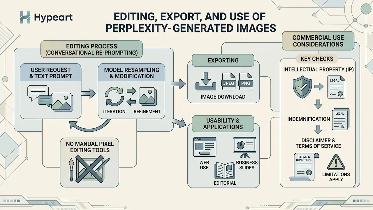 Infographic showing the conversational editing, export, and commercial usage steps for Perplexity AI images