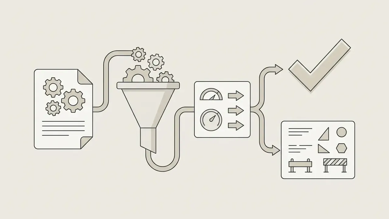 Document with gears feeding into a funnel, speed gauges, and outputs leading to a checkmark and shapes