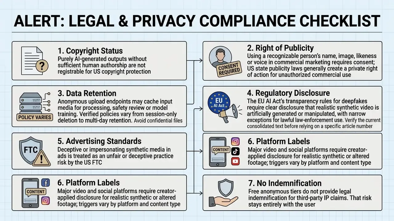 Numbered list of seven legal and privacy considerations for using AI video generation tools