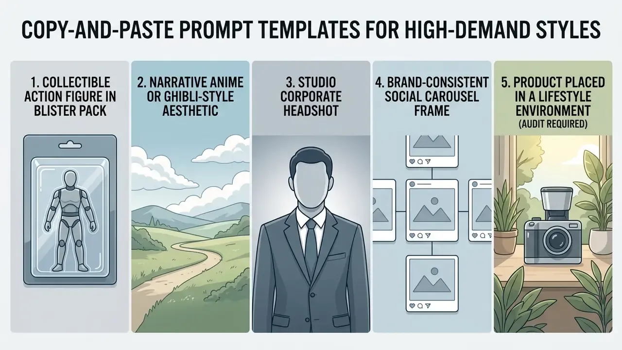 Five vertical panels showcasing visual styles for action figures, anime landscapes, portraits, and social media