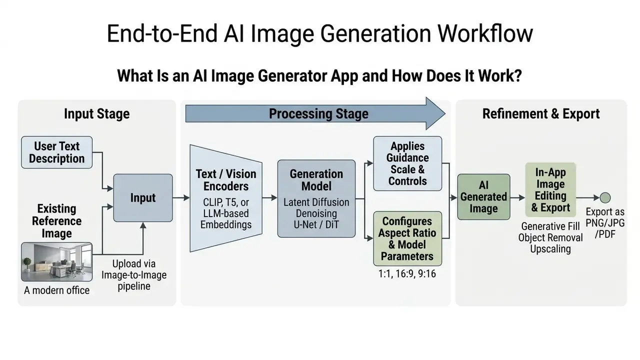 Flowchart displaying the input, processing, and refinement stages of an AI image generator app