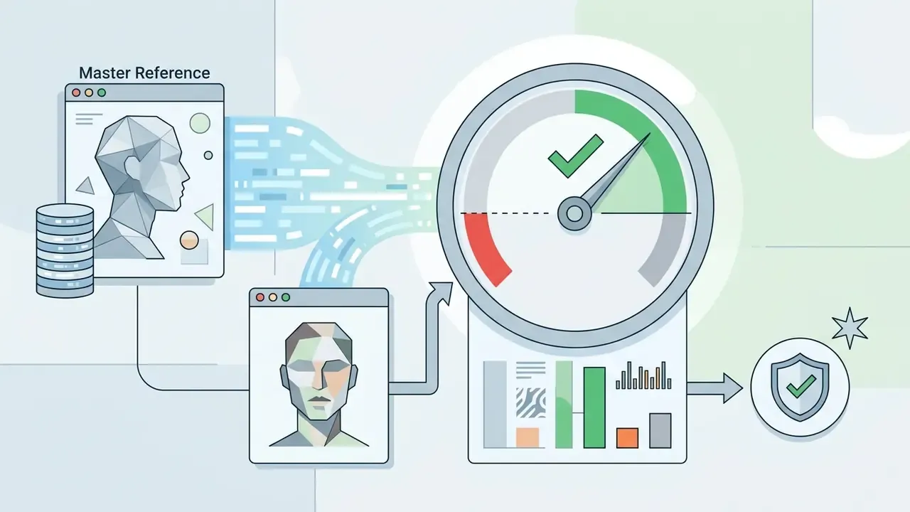 Data streams comparing a master facial reference to a new release on a gauge showing a passing threshold