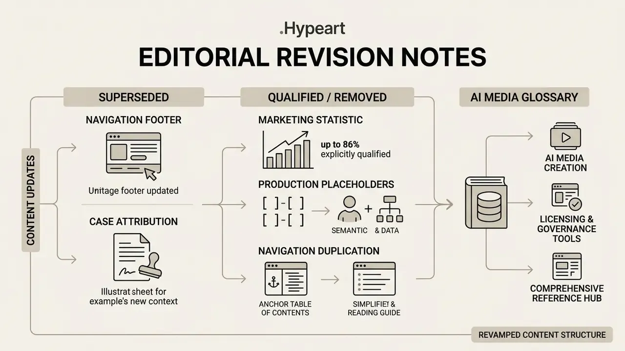 Flowchart detailing editorial content updates, revisions, and the resulting AI media glossary structure