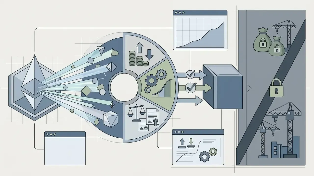 Geometric shapes passing through a segmented wheel into analysis modules and construction planning icons