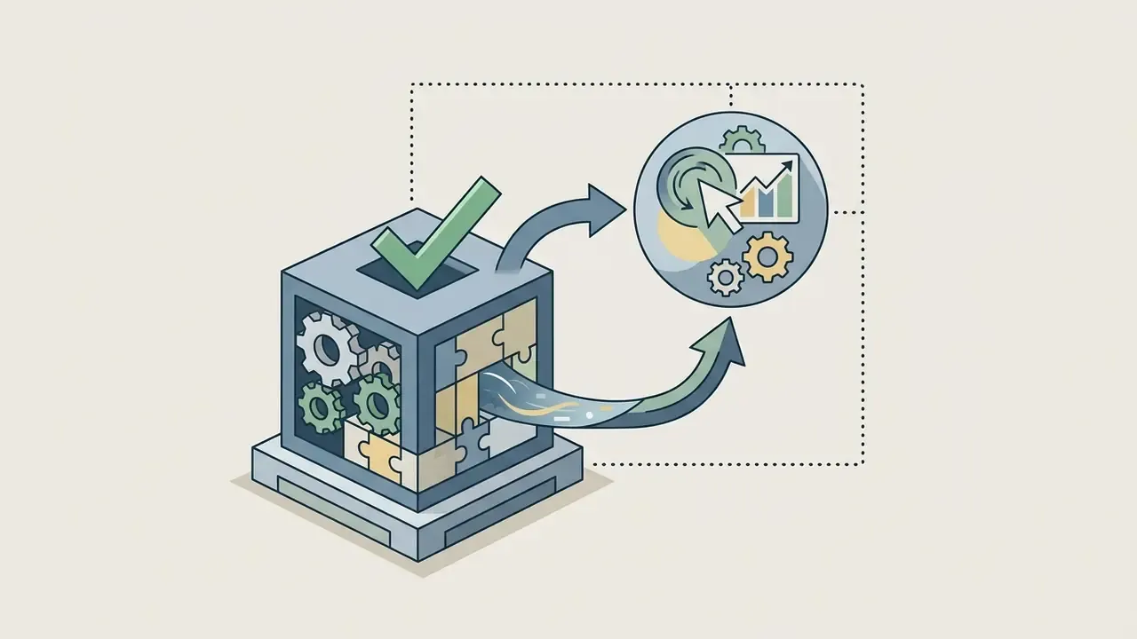 Cube with internal gears and puzzle pieces emitting a stream that flows into a circular data dashboard