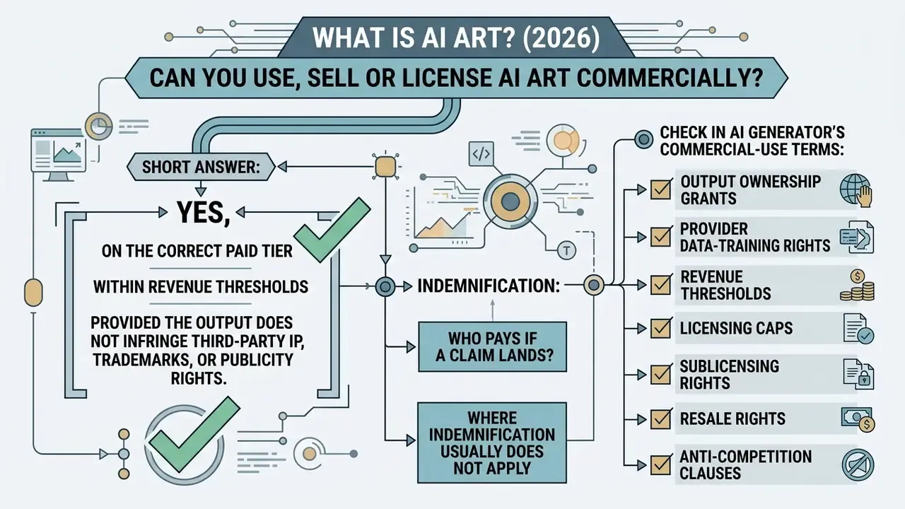 Infographic outlining legal considerations and commercial usage terms for AI art generation