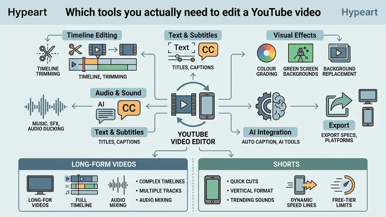 Centralized diagram showing essential video editing features like timeline trimming, audio, and AI tools