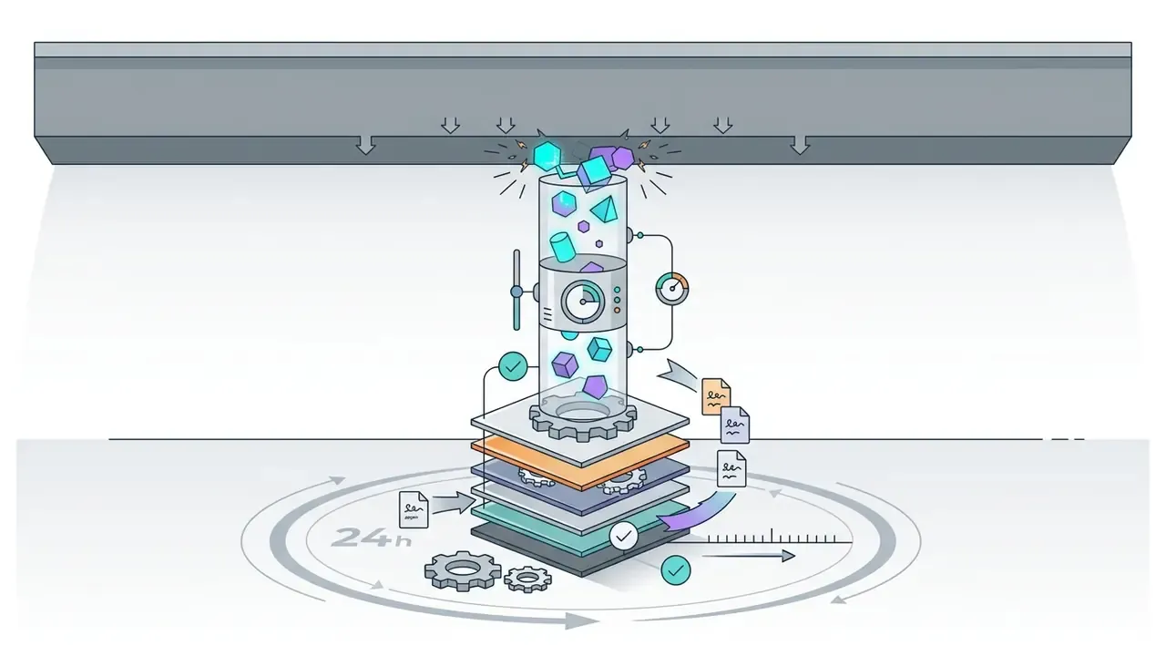 Geometric shapes feeding into a central processor above a layered platform marked with a 24 hour cycle