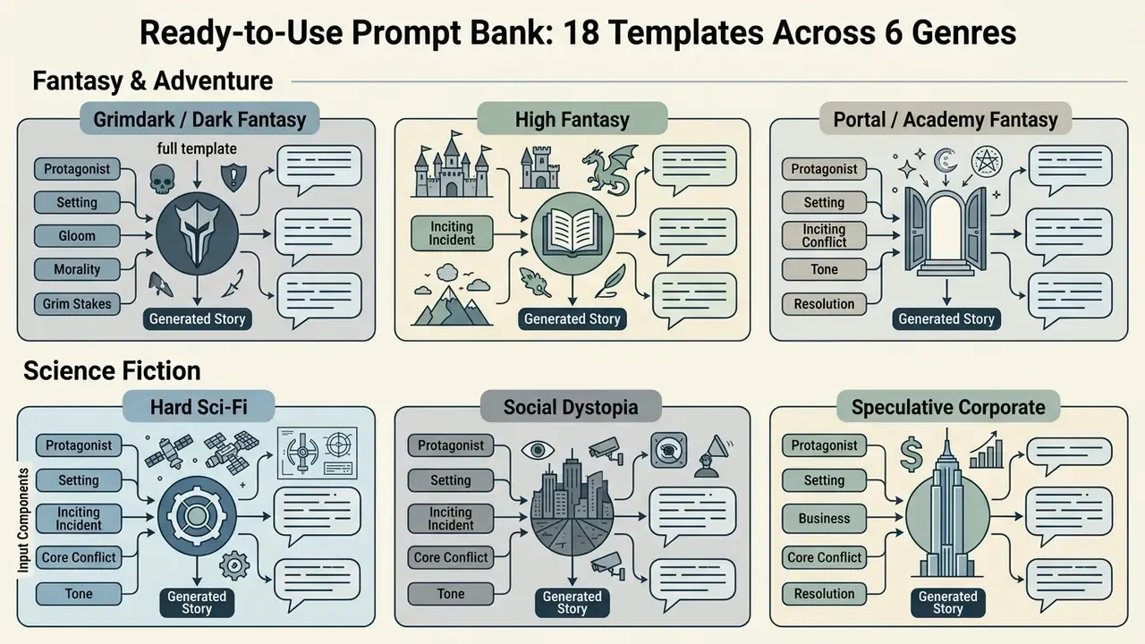 Grid of six story prompt templates categorized by fantasy and science fiction genres for an AI story generator