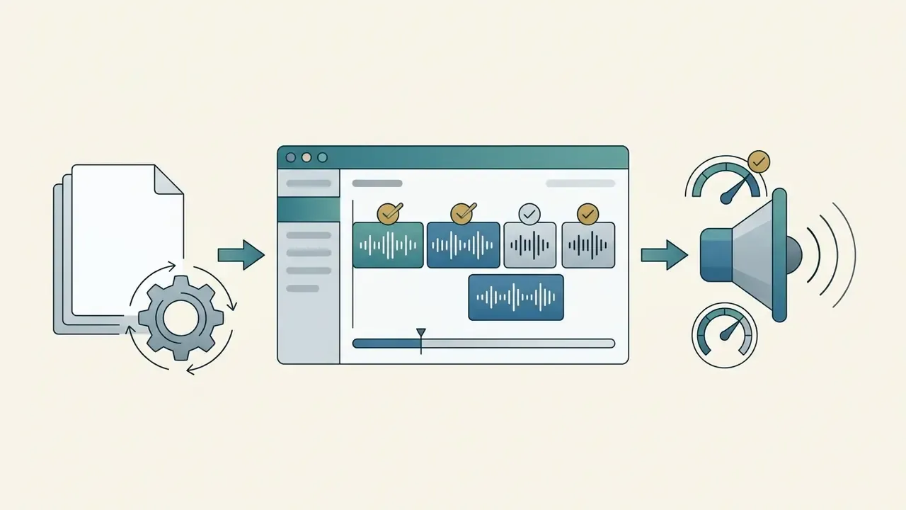 Documents processing into an audio editor interface with waveform segments and output volume gauges