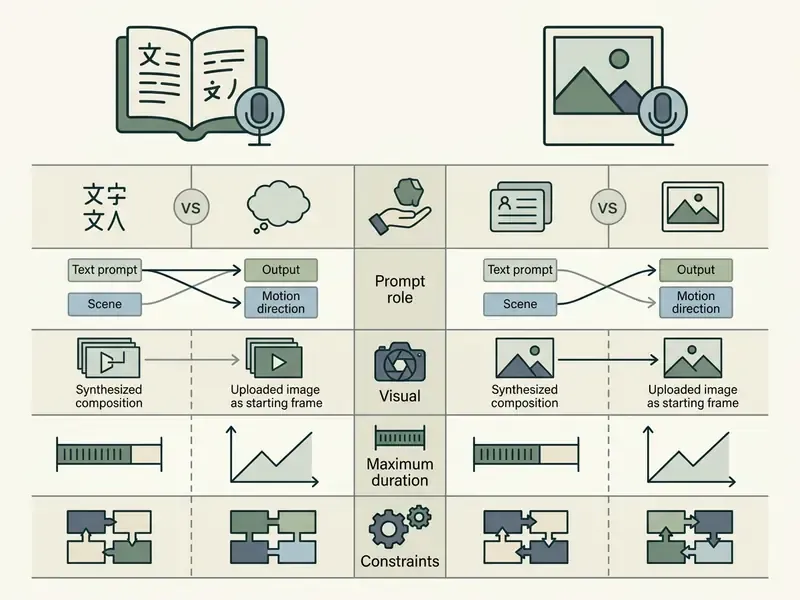 Comparison table contrasting text-to-video and image-to-video workflows and technical parameters