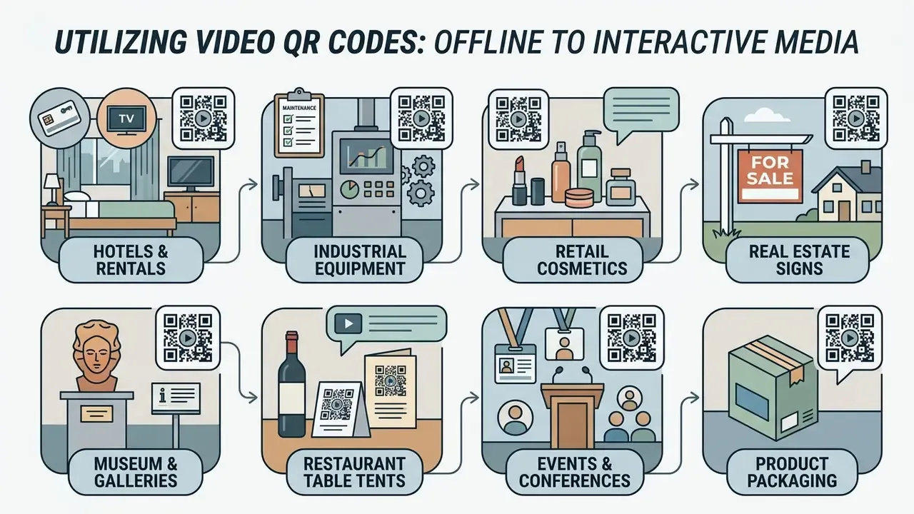 Eight scenarios showing how a video QR code generator connects physical items to interactive media