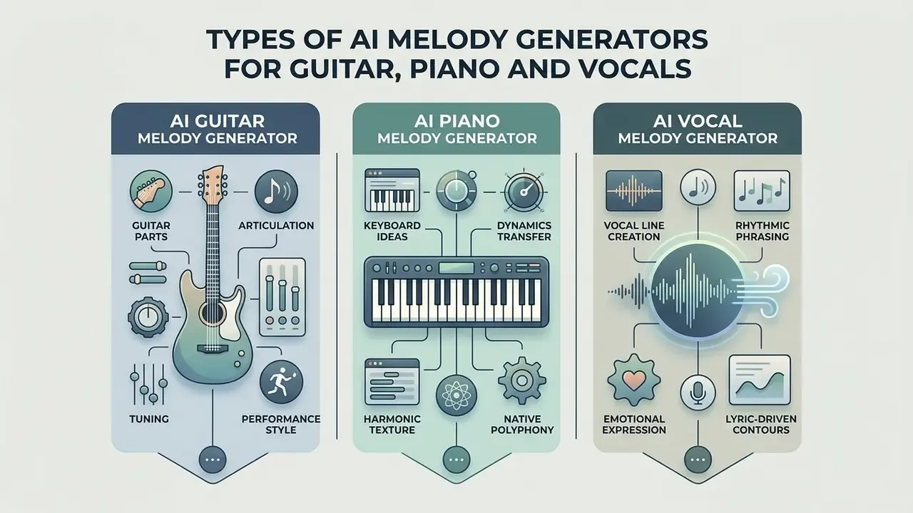 Comparison infographic detailing instrument-specific features for guitar, piano, and vocal software tools