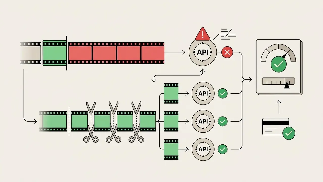 Long video strips being cut into smaller segments to pass through API endpoints for successful processing