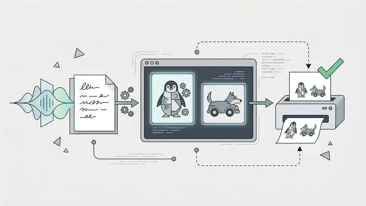 Robot penguin and car animal designs moving from a screen to a printer for physical output