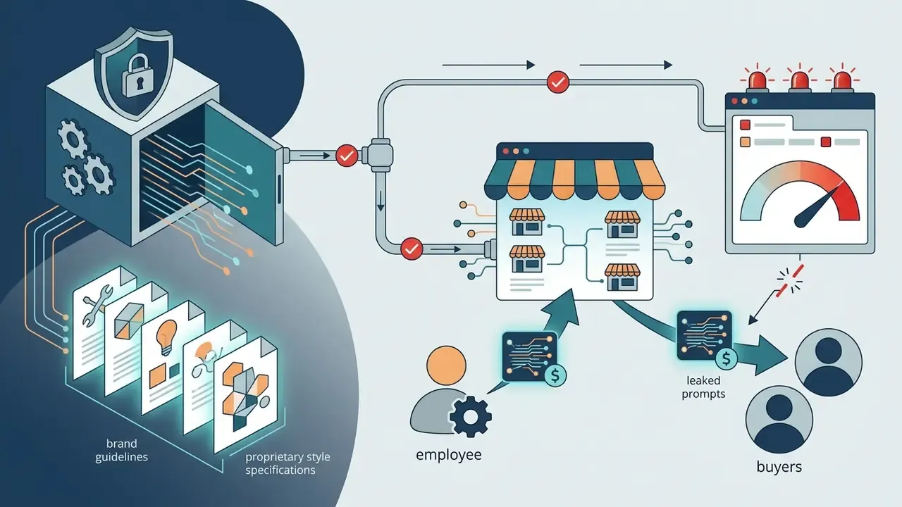 Employee extracting proprietary brand guidelines and style specifications to sell as prompts to external buyers