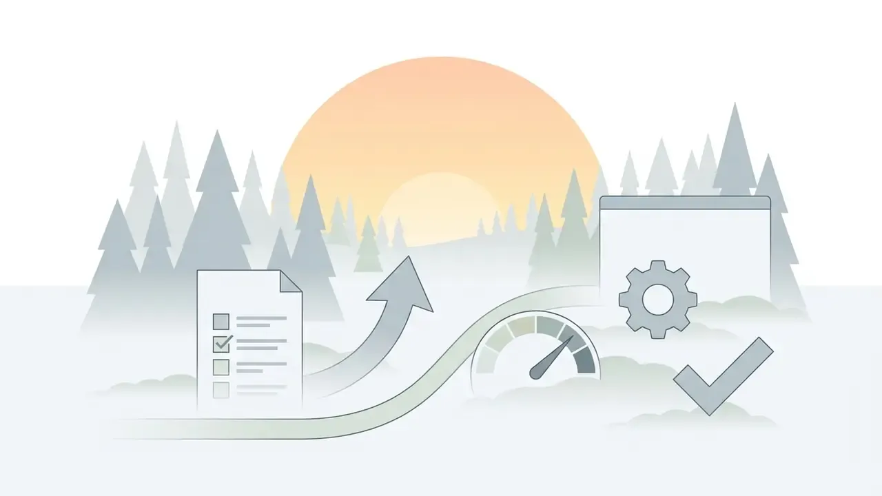 Checklist, gauge, gear, and checkmark icons along a path set against a misty pine forest at sunrise