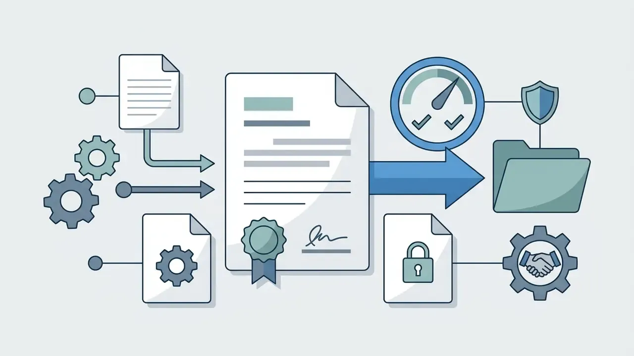 Documents and gears feeding into a central contract leading to a gauge, shield, folder, and handshake icon