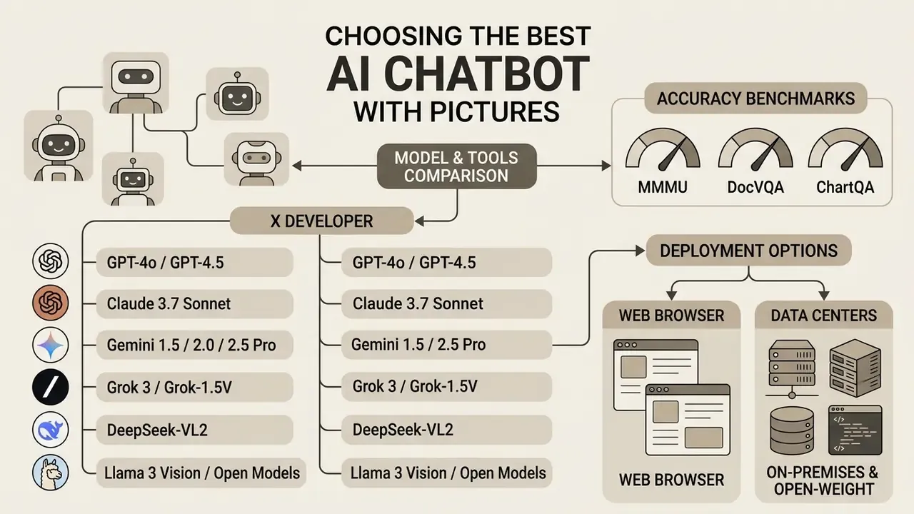 Comparison chart linking various language models to accuracy benchmarks and deployment infrastructure options