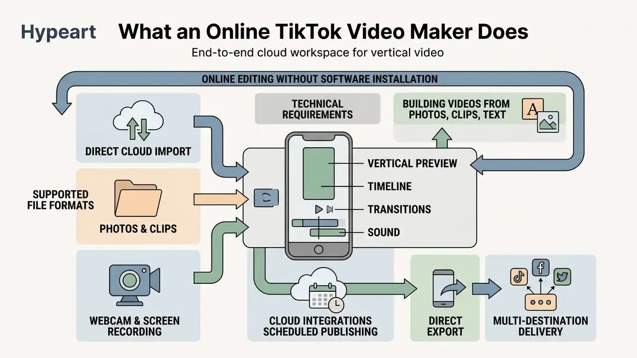 Flowchart showing how an online TikTok video maker integrates cloud tools for editing and publishing