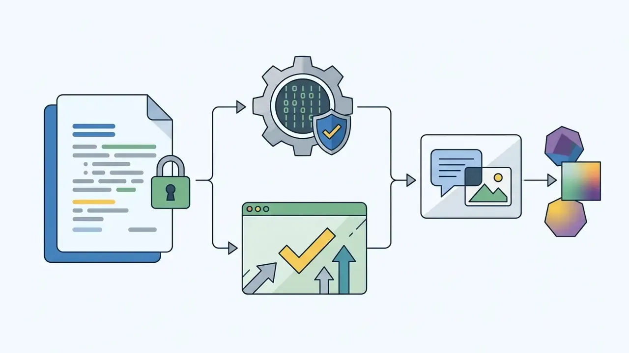 Locked document feeding into binary gears and a progress chart before outputting to chat and image assets