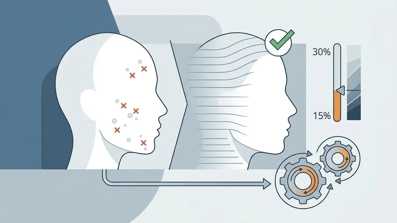 Human profile with skin blemishes transitioning to a smoothed face with a percentage slider and gear icon