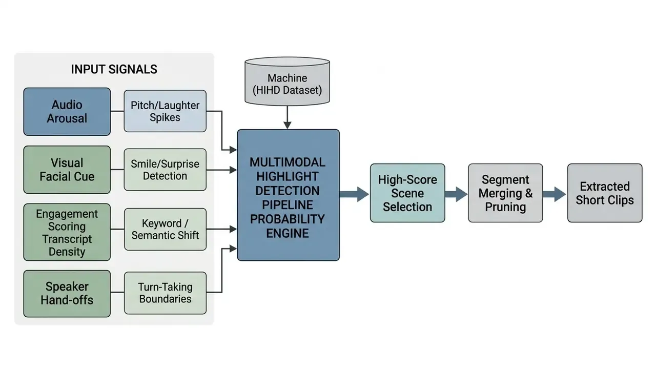 Multimodal pipeline processing audio and visual signals to identify and extract high-scoring video clips