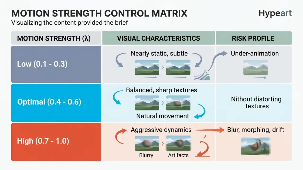 Comparison table mapping motion strength levels to visual outcomes and associated risks