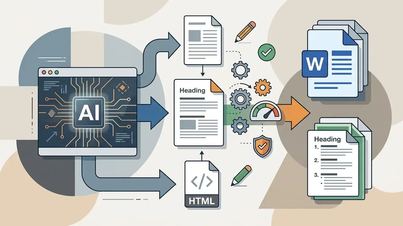 Central processor converting digital content into structured documents with headings and numbered lists