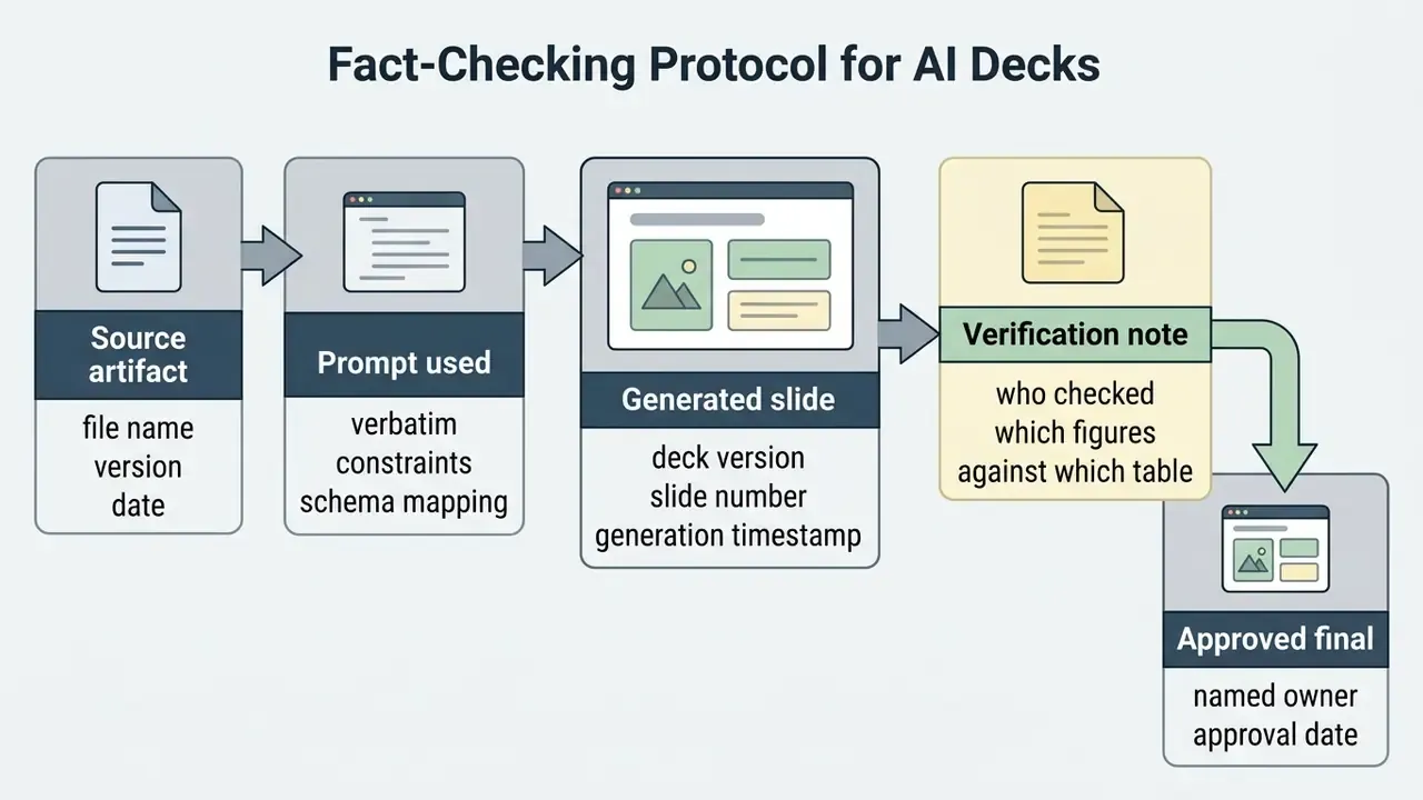 Sequence of five stages from source artifact to final approval for verifying presentation content