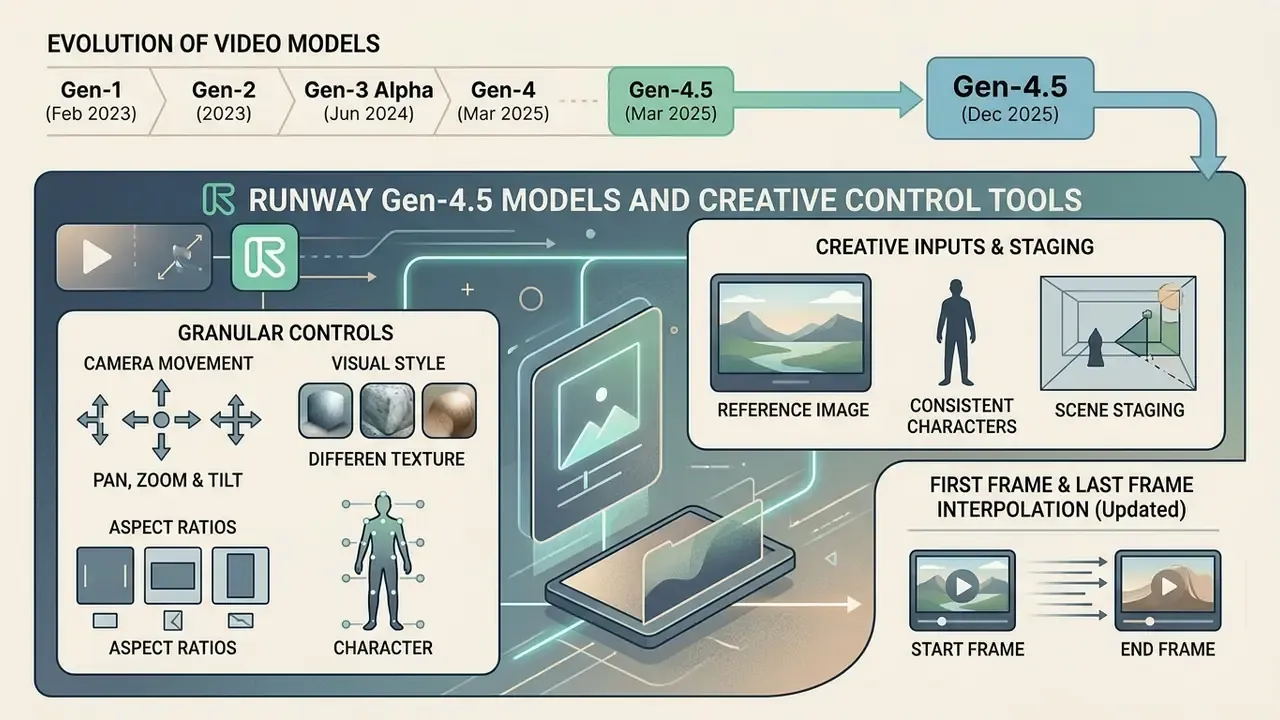 Timeline showing the evolution of Runway video models alongside a breakdown of creative control features