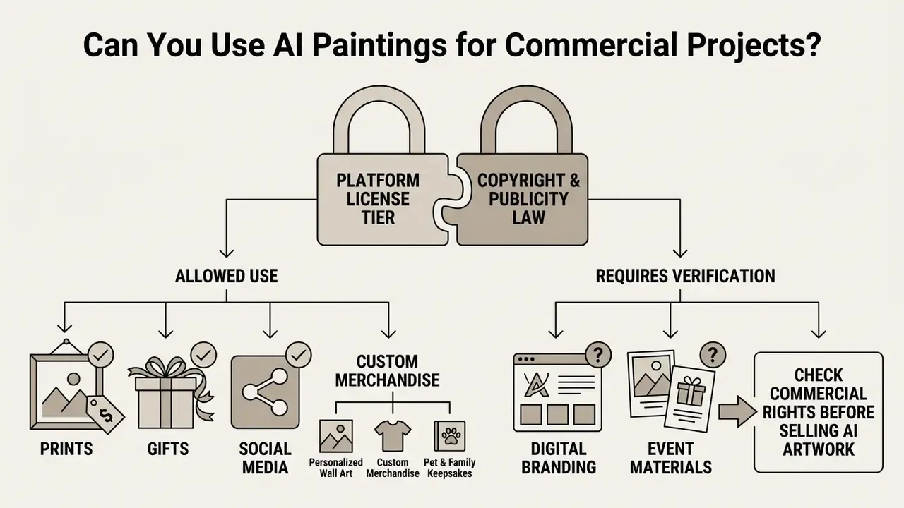 Diagram showing how platform licenses and legal laws determine commercial use for generated artwork