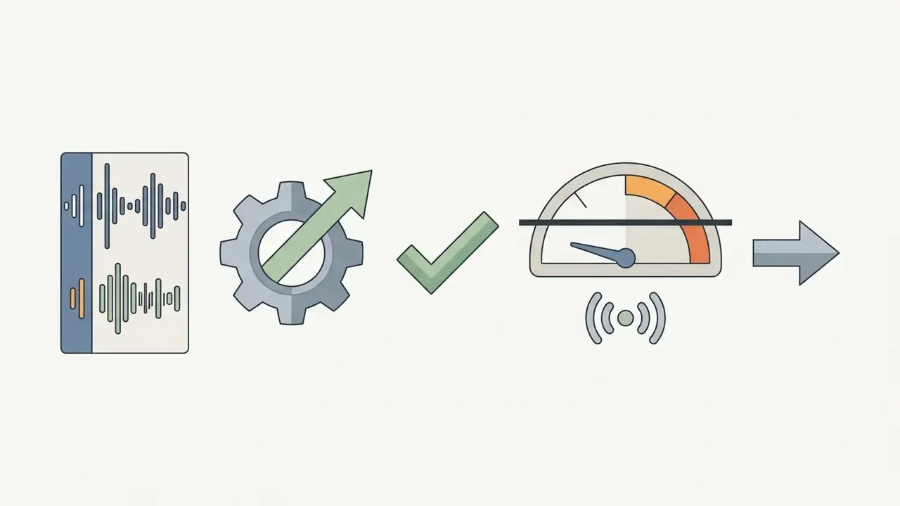 Audio waveform passing through a gear and checkmark to a loudness gauge for volume normalization