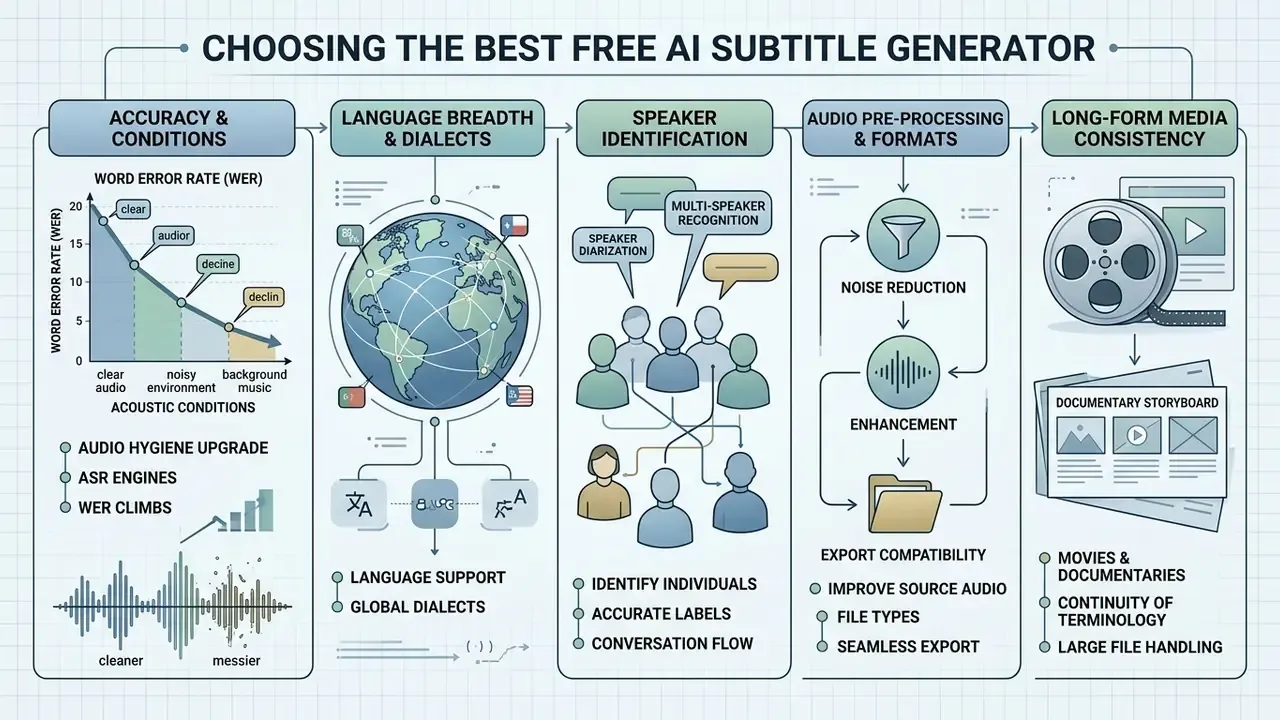 Flowchart outlining key criteria for evaluating an AI subtitle generator including accuracy and audio quality