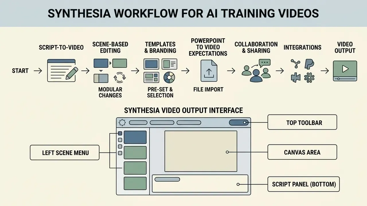 Flowchart showing the Synthesia AI training video creation process alongside an interface component map